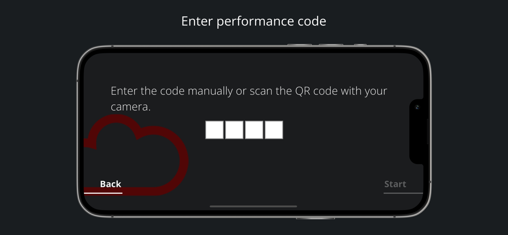 Subtitle Mobile - Subtitle Mobile app screen showing the option to enter a performance code manually or scan a QR code