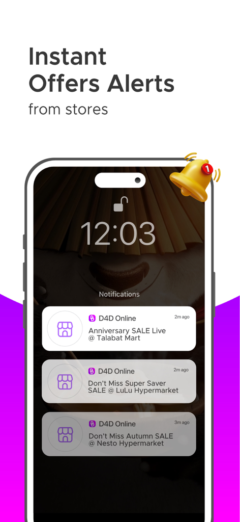 D4D Shopping Offers & Coupons - Smartphone-Sperrbildschirm mit D4D-Einkaufsangebotsbenachrichtigungen von Hypermärkten wie LuLu und Nesto
