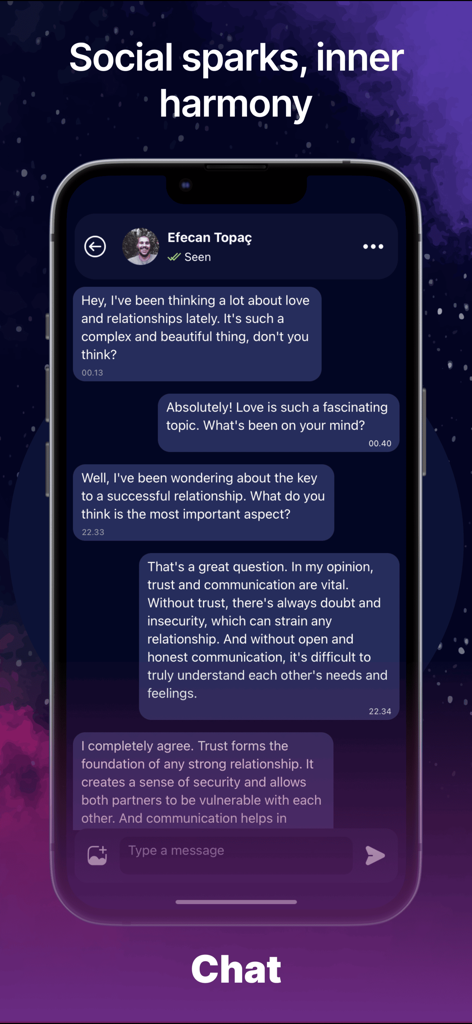 Una captura de pantalla de la interfaz de chat dentro de la aplicación Aysel que muestra una conversación social entre usuarios sobre relaciones.