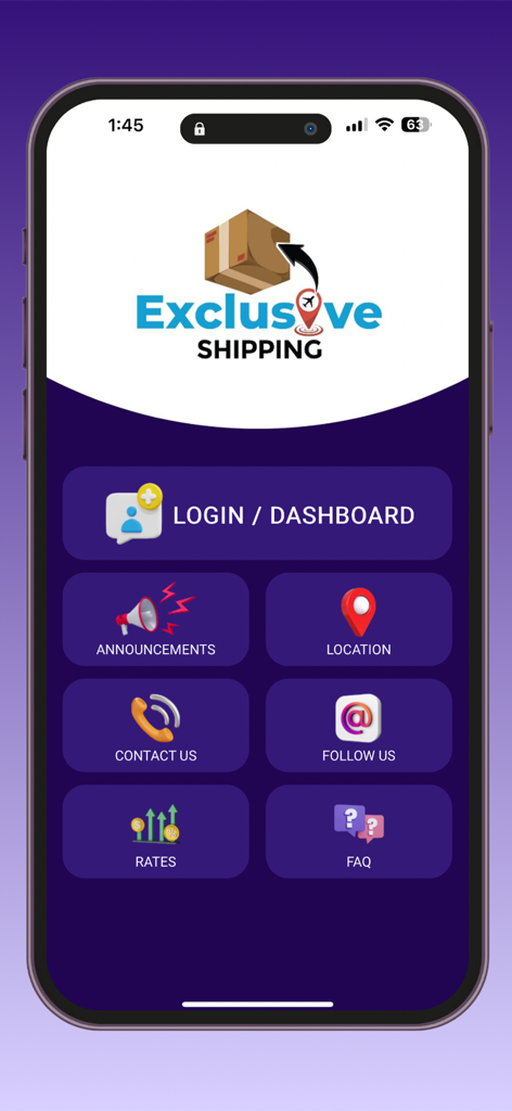 Exclusive Shipping Ja - Exclusive Shipping Ja app home screen showing dashboard options for login announcements location and rates