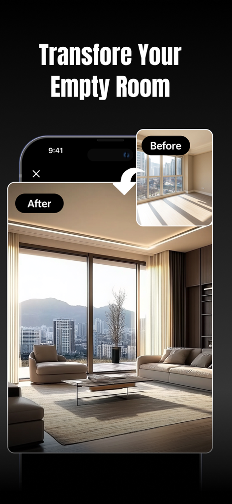 Before and after comparison of an empty room transformed into a modern furnished living room using AI