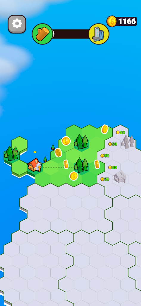 Factory World - Factory Worldモバイルゲーム、六角形のタイルと工場で土地の拡大を示しています