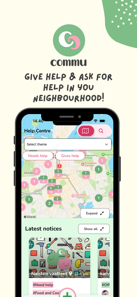 Commu - Smartphone screen showing the Commu app map with local help requests and offers