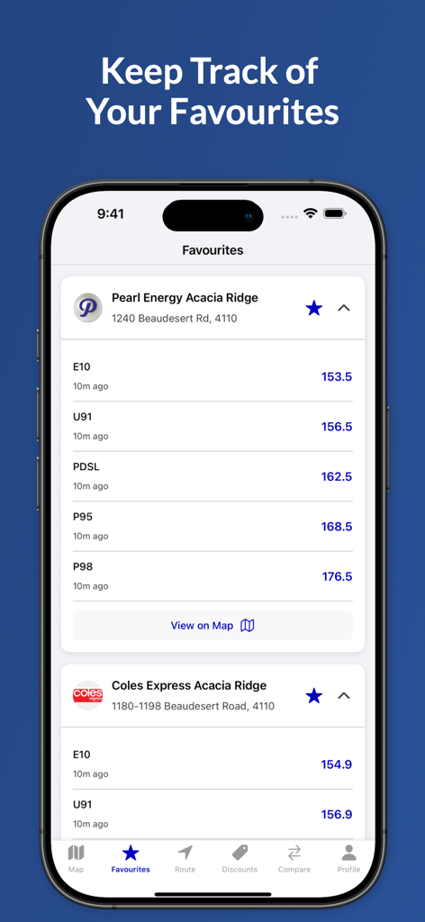 FuelRadar: Petrol Prices Map - FuelRadar app Favourites screen showing real-time petrol prices for saved fuel stations in Australia.