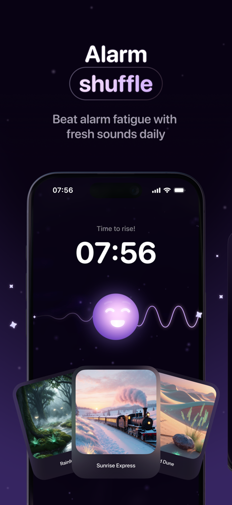Wonderwake: Gentle Alarm Clock - Pantalla de la aplicación Wonderwake que muestra la función de mezcla de alarmas con varias opciones de sonidos de la naturaleza