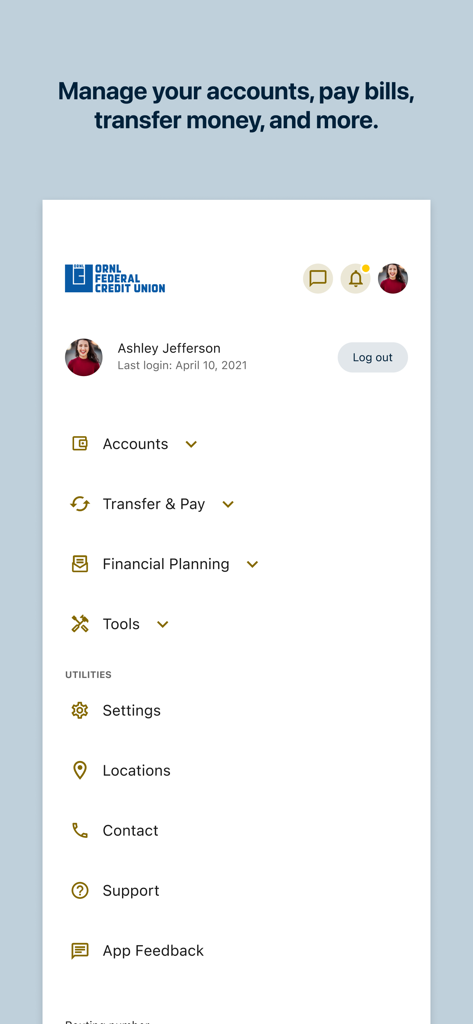 A screenshot of the ORNL Federal Credit Union mobile app main menu with options for accounts, transfers, and settings