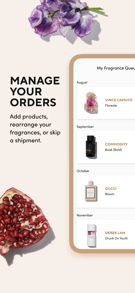 Scentbird app interface showing a monthly fragrance queue with designer perfumes scheduled for delivery