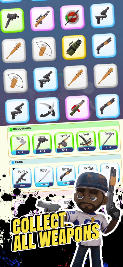 Survivor Idle Run: Z-RPG Game - Interfaz de colección de armas en Survivor Idle Run con varias tarjetas de armas y categorías de rareza como poco común y rara