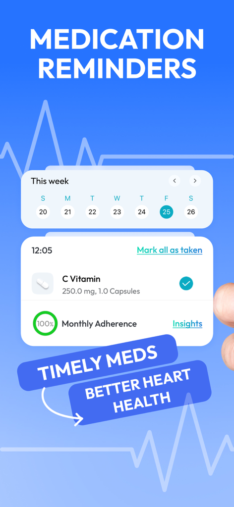 Blood Pressure Tracker SmartBP - SmartBP 앱의 인터페이스는 약물 알림 및 월별 준수 추적을 표시합니다