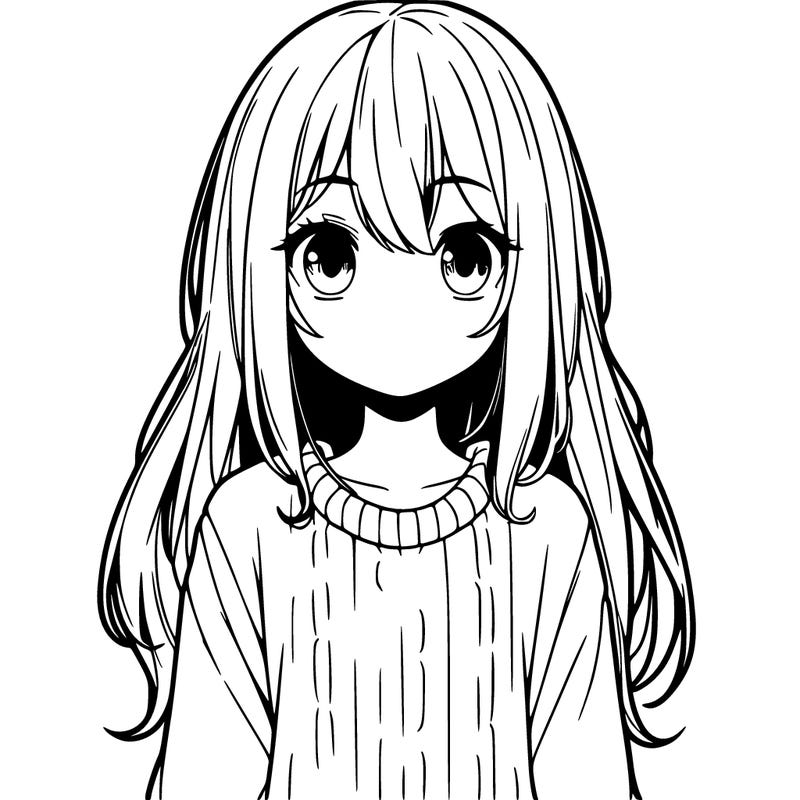 anime girl with straight hair, freckles, and is wearing a sweater