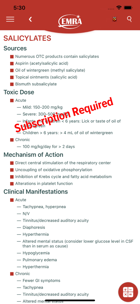 MobilEM - Clinical guide for Salicylates within the MobilEM medical app providing toxicology information