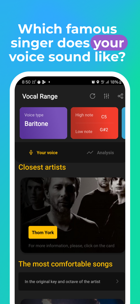 Vocal Range app screen showing a baritone voice type analysis and comparison with singer Thom Yorke