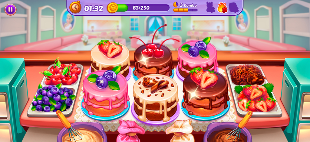 Cooking Crush Cooking Games - Gameplay screen of Cooking Crush showing various decorated cakes with fruit and chocolate toppings in a bakery