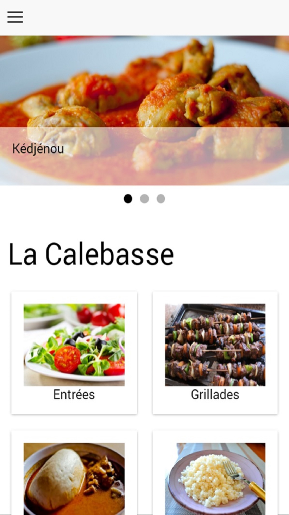 Mobile app home screen for La Calebasse restaurant showing food categories like Kedjenou Entrees and Grillades