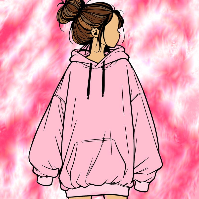 realistic girl with a oversized sweatshirt on and a bun