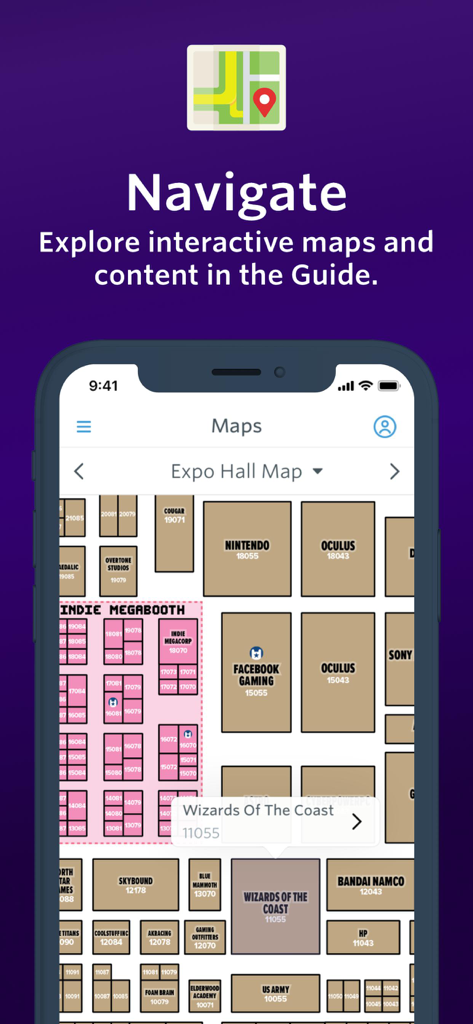 Guidebook app interface showing an interactive expo hall map with exhibitor booth locations.