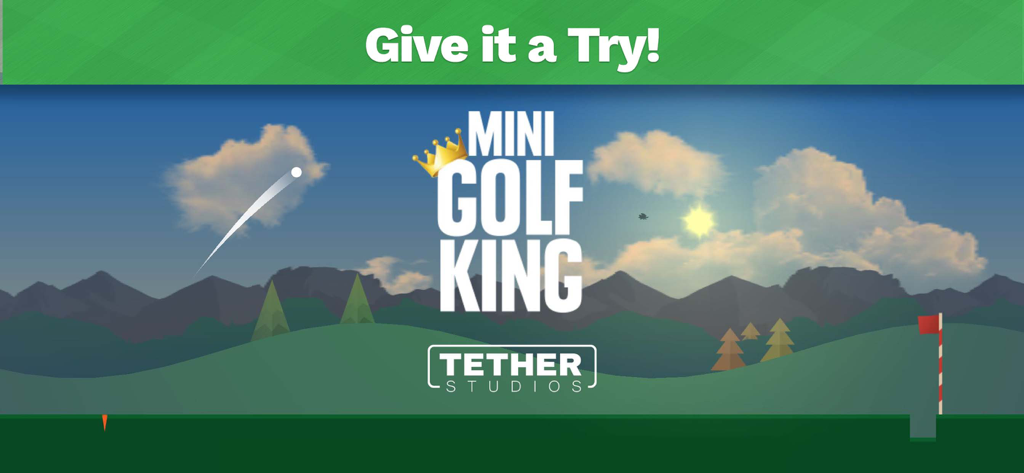 Pantalla de título de Mini Golf King con un paisaje de campo de golf estilizado y montañas