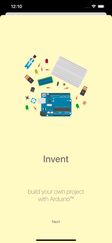 Introductory app screen featuring Arduino board illustrations and the text Invent