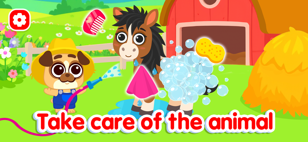 Farming game: Animal farm life - 農場でホースと泡を使って、フレンドリーな馬を洗うオーバーオールを着たカートゥーンの犬