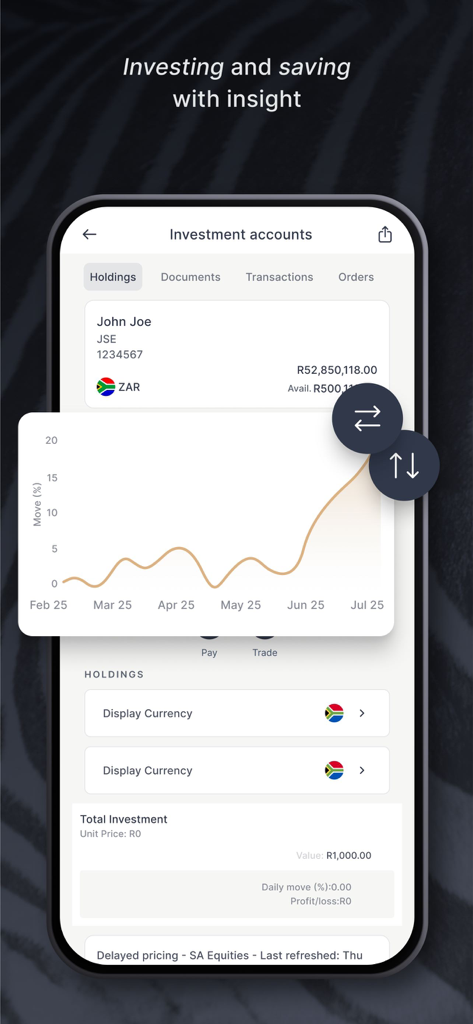 Dashboard da conta de investimento do aplicativo Investec Private Client mostrando participações no portfólio e gráfico do histórico de desempenho