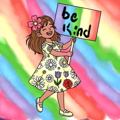 girl happy holding a blank sign wearing shoes and a flower dress