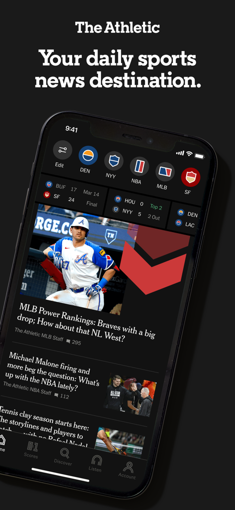 The Athletic: All Sports News - Smartphone-Bildschirm mit der App von The Athletic, Sportnachrichten-Schlagzeilen und Live-Ergebnissen für MLB und NBA