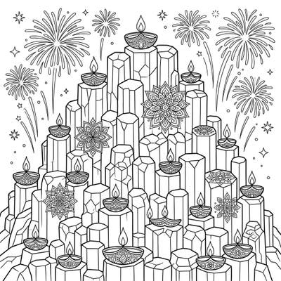 Discover a truly unique fusion of nature's wonder and festive joy with this intricate coloring page. Featuring majestic columnar jointing rocks adorned with beautiful Diwali diyas, rangoli patterns, and sparkling fireworks, it promises a creative celebration.