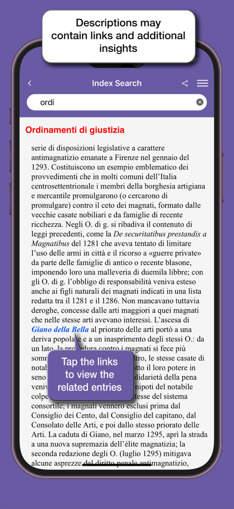 Interface of the Garzantine Medioevo app showing an encyclopedia entry with internal links to related historical topics