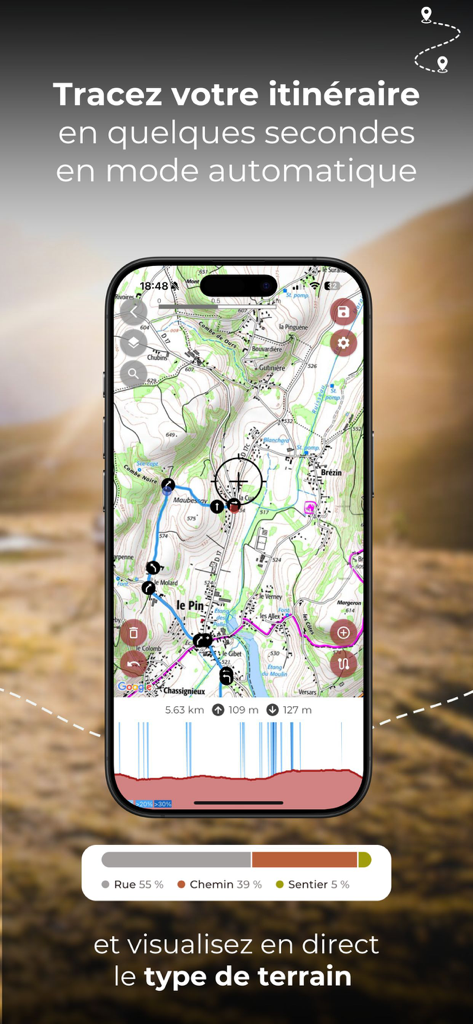 Trail Connect - Trail Connect mobile app showing a topographic map route with an elevation profile and terrain surface percentage breakdown.