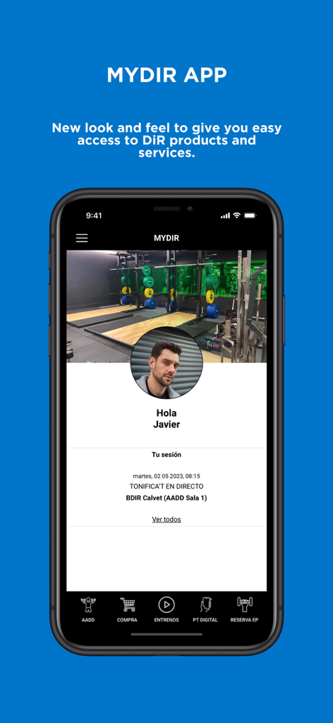 A smartphone screen displaying the My DiR fitness app dashboard with a scheduled gym session