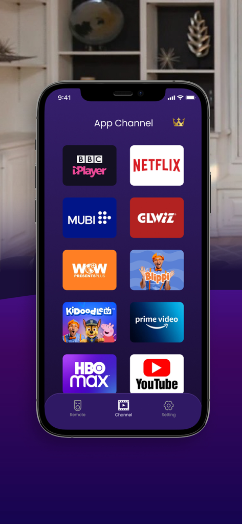Remote for Roku TV & Channel - Pantalla de un smartphone que muestra una cuadrícula de iconos de aplicaciones de streaming populares como Netflix, YouTube y Prime Video en la aplicación de control remoto de Roku