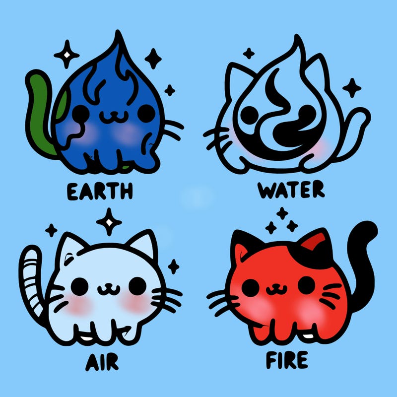 4 cats that represent the different elements, earth, water, air, and fire