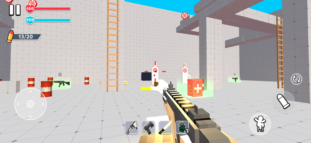 First person perspective of a pixelated gun game in a blocky training arena.