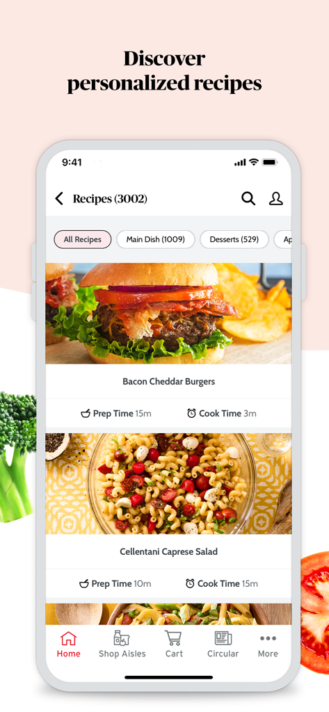 ShopRite mobile app interface showing personalized recipes including Bacon Cheddar Burgers and Cellentani Caprese Salad with prep and cook times