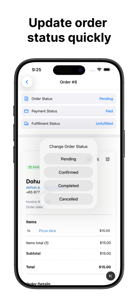 Interface of Take App showing the change order status menu for a business transaction.