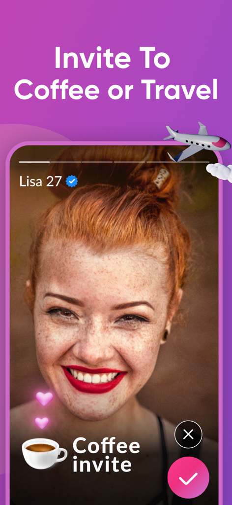 Relike: Dating, Chat & Meet up - Relike dating app interface showing coffee and travel invitation features on a user profile