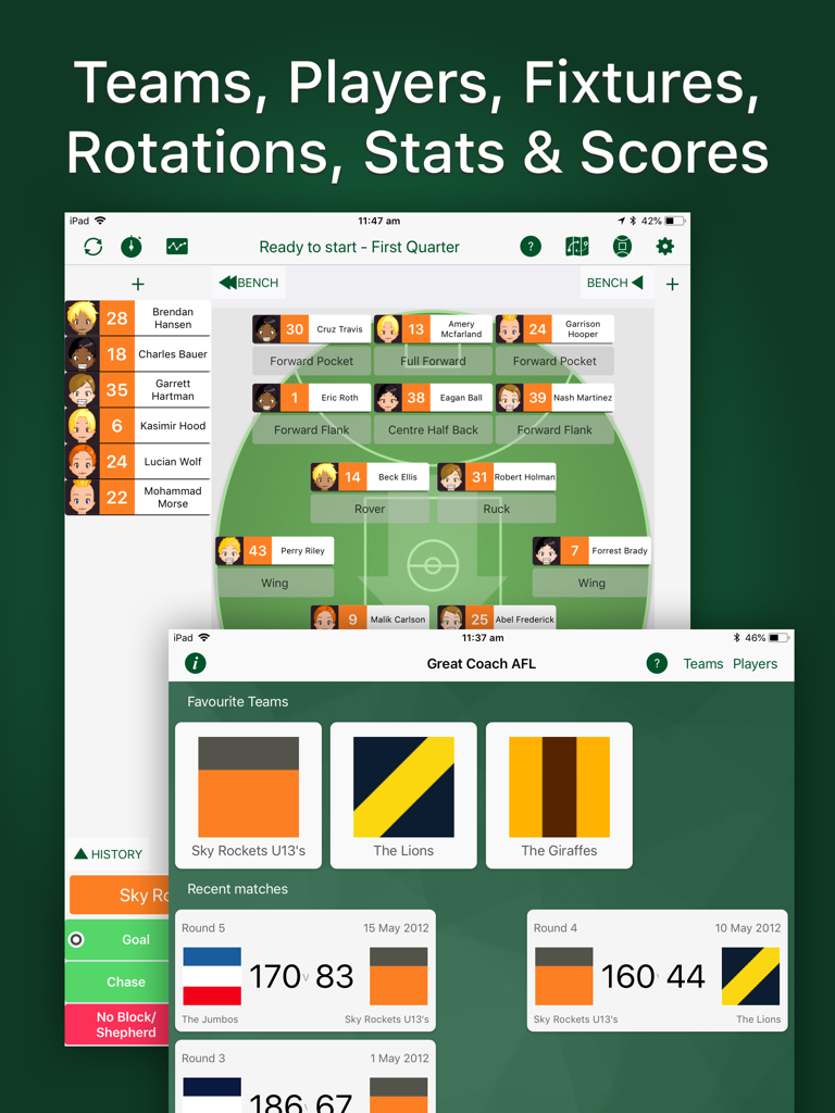 Great Coach AFL - Great Coach AFL app interface displaying team formations and match statistics