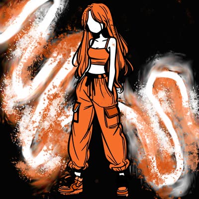 girl in baggy pants crop top and long hair