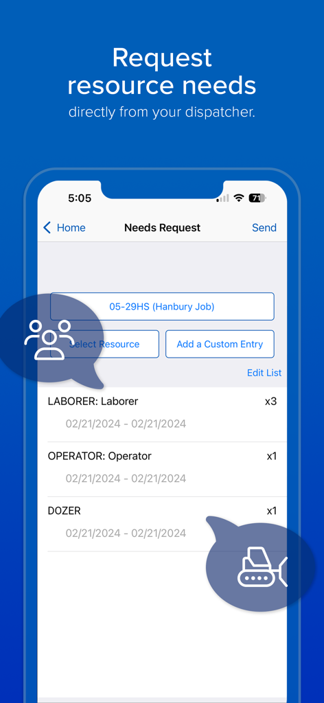 Interface móvel do aplicativo HCSS Field exibindo uma solicitação de recursos para trabalhadores e maquinário pesado a um despachante