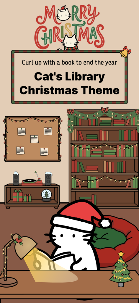 Cat's Library - Un'accogliente interfaccia di libreria a tema natalizio con un gatto carino che indossa un cappello da Babbo Natale a una scrivania