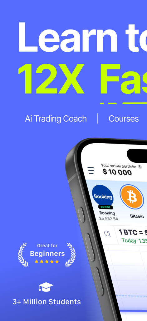 Trading Game app screen showing a virtual portfolio with Bitcoin and Booking stock with a five star beginner rating