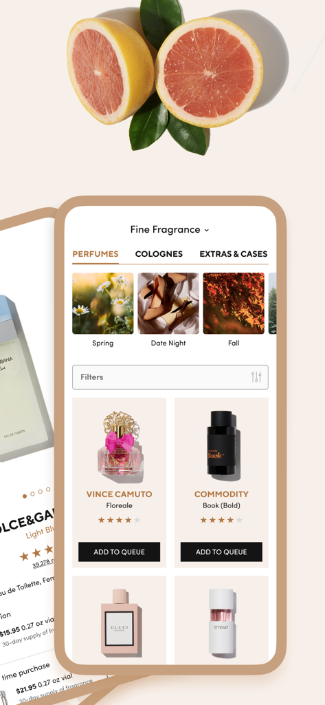 Scentbird mobile app interface displaying various luxury perfume bottles and categories