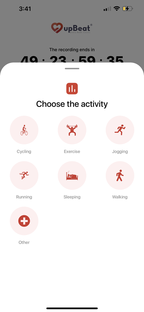 upBeat app interface showing options to choose an activity like cycling running or sleeping during ECG monitoring