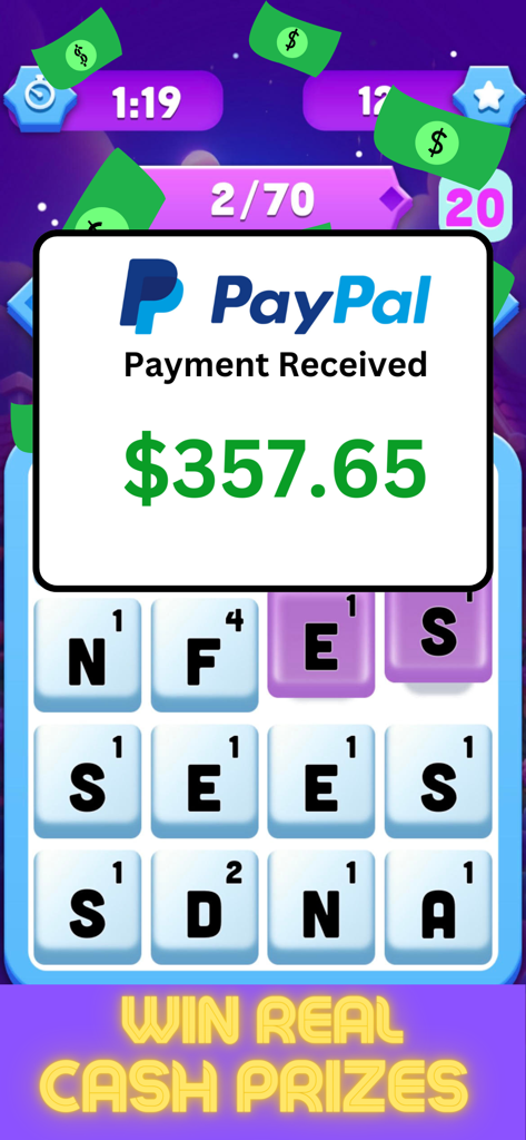Screenshot of Real Cash Word Search mobile app showing a PayPal payment received notification for 357.65 dollars over a puzzle game board.