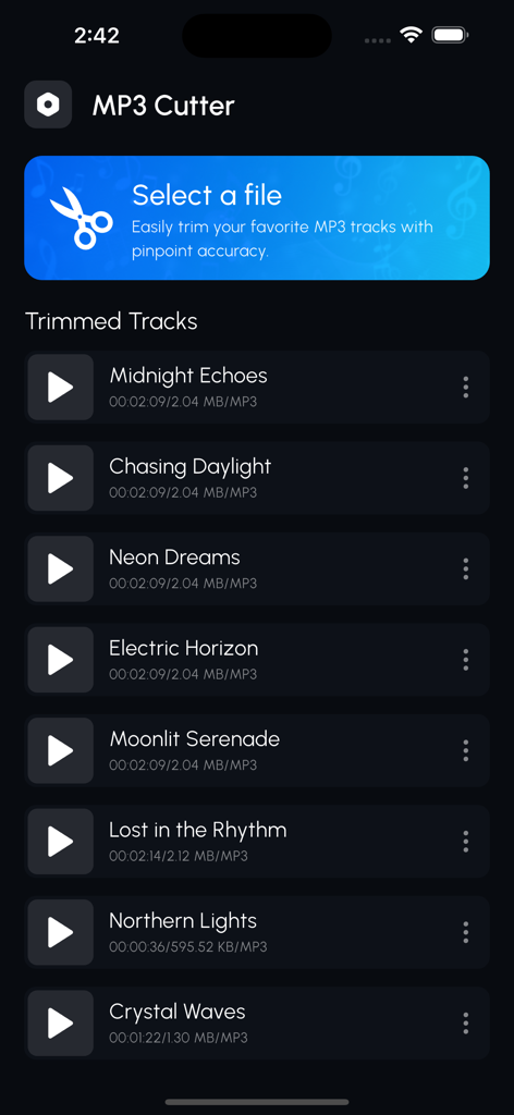 Mp3 Cutter for Music Audio - The main screen of the Mp3 Cutter for Music Audio app showing a list of recently trimmed tracks and a select file button.