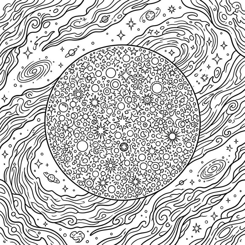 Embark on a celestial journey with this captivating globular star cluster coloring page, featuring a dense sphere of stars amidst swirling cosmic dust. This intricate design offers a mesmerizing challenge for space lovers and coloring enthusiasts alike.