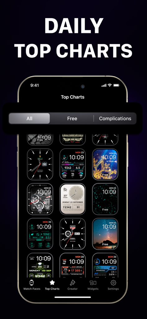 A smartphone screen showcasing a variety of trending Apple Watch faces in the top charts section