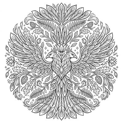 Immerse yourself in the captivating beauty of this Forest Phoenix Mandala, an exquisitely symmetrical design intertwining mystical birds with lush woodland elements. Perfect for adults seeking a detailed and calming coloring experience, this page invites you to bring its intricate patterns to life.