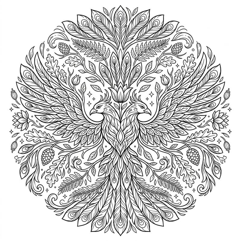 Immerse yourself in the captivating beauty of this Forest Phoenix Mandala, an exquisitely symmetrical design intertwining mystical birds with lush woodland elements. Perfect for adults seeking a detailed and calming coloring experience, this page invites you to bring its intricate patterns to life.