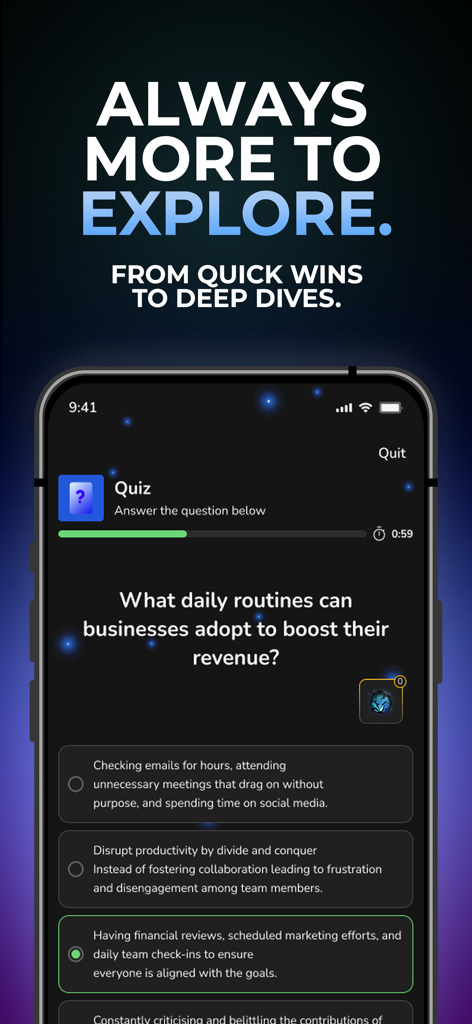Legacy Academy - Legacy Academyアプリ、ビジネス成長習慣に関するインタラクティブな多肢選択クイズを表示